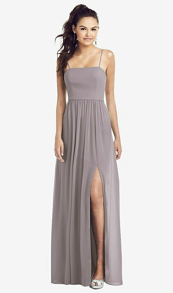 Front View - Cashmere Gray Slim Spaghetti Strap Chiffon Dress with Front Slit 