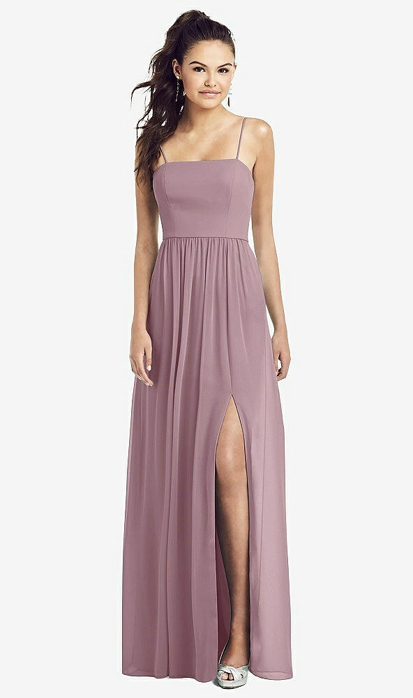 Front View - Dusty Rose Slim Spaghetti Strap Chiffon Dress with Front Slit 