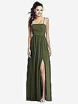 Front View Thumbnail - Olive Green Slim Spaghetti Strap Chiffon Dress with Front Slit 