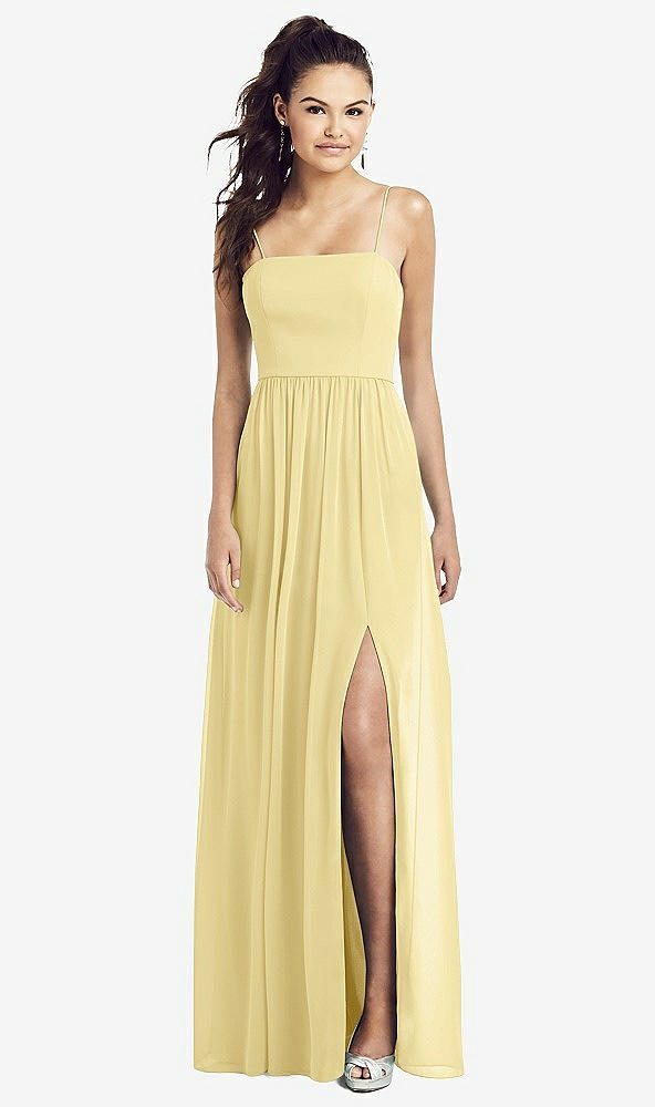 Front View - Pale Yellow Slim Spaghetti Strap Chiffon Dress with Front Slit 