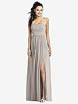 Front View Thumbnail - Taupe Slim Spaghetti Strap Chiffon Dress with Front Slit 