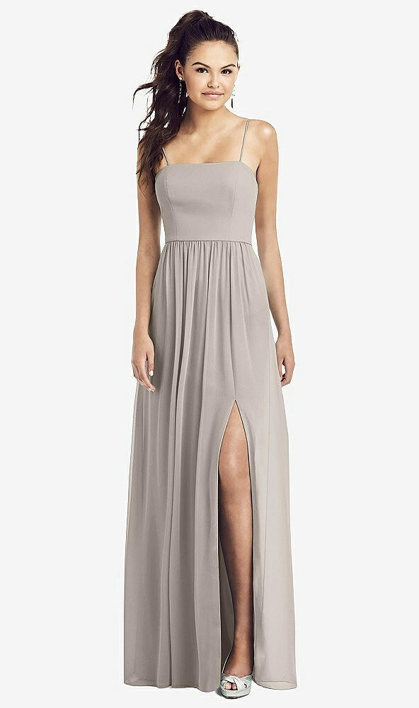 Front View - Taupe Slim Spaghetti Strap Chiffon Dress with Front Slit 