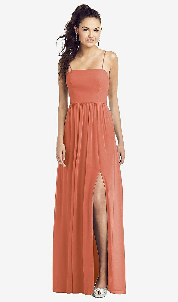 Front View - Terracotta Copper Slim Spaghetti Strap Chiffon Dress with Front Slit 