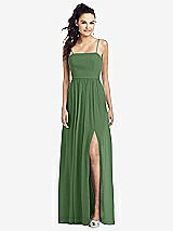 Front View Thumbnail - Vineyard Green Slim Spaghetti Strap Chiffon Dress with Front Slit 