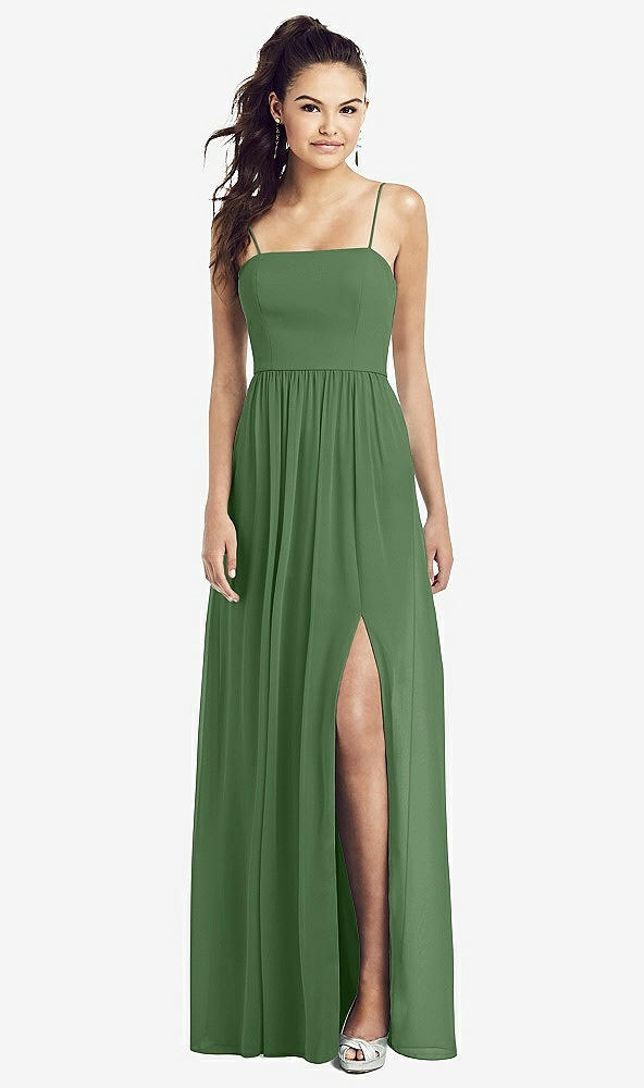 Front View - Vineyard Green Slim Spaghetti Strap Chiffon Dress with Front Slit 