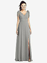 Front View Thumbnail - Chelsea Gray Bow-Shoulder V-Back Chiffon Gown with Front Slit
