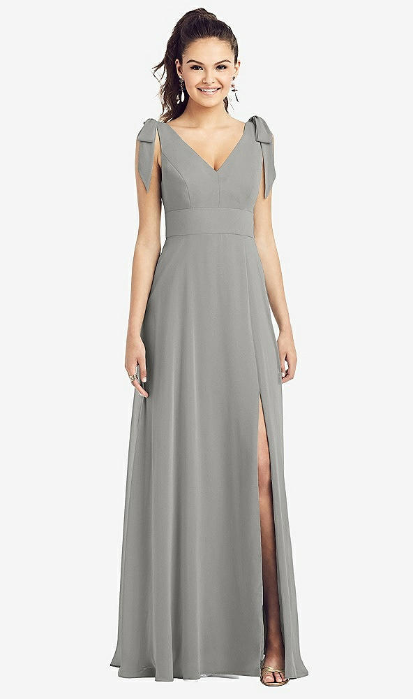 Front View - Chelsea Gray Bow-Shoulder V-Back Chiffon Gown with Front Slit