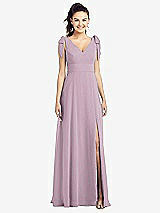 Front View Thumbnail - Suede Rose Bow-Shoulder V-Back Chiffon Gown with Front Slit