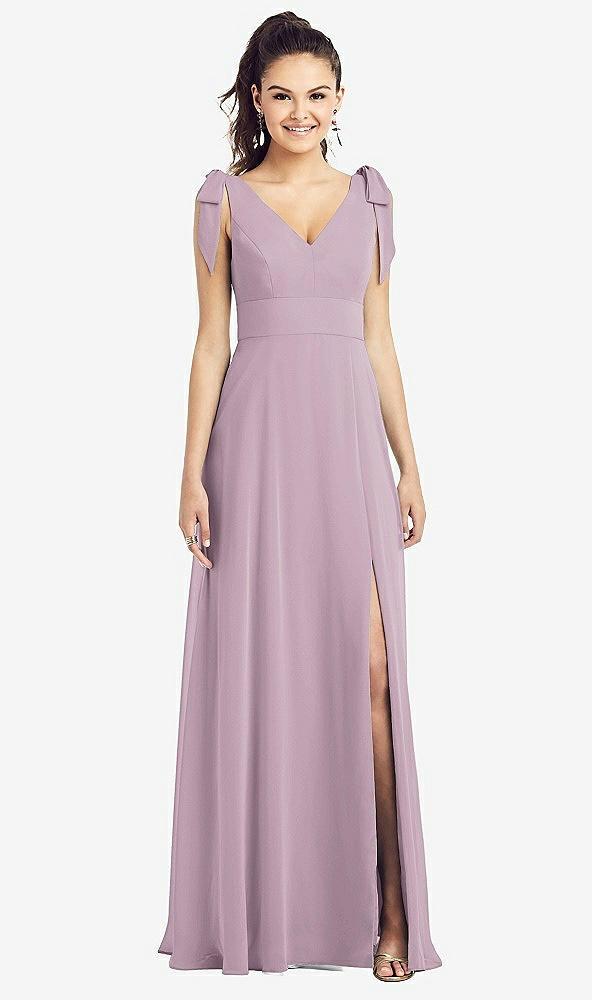 Front View - Suede Rose Bow-Shoulder V-Back Chiffon Gown with Front Slit