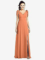 Front View Thumbnail - Sweet Melon Bow-Shoulder V-Back Chiffon Gown with Front Slit