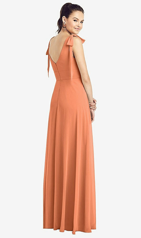 Back View - Sweet Melon Bow-Shoulder V-Back Chiffon Gown with Front Slit
