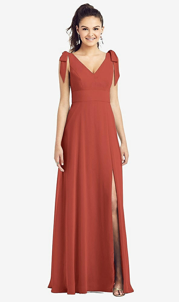 Front View - Amber Sunset Bow-Shoulder V-Back Chiffon Gown with Front Slit