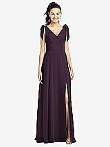 Front View Thumbnail - Aubergine Bow-Shoulder V-Back Chiffon Gown with Front Slit