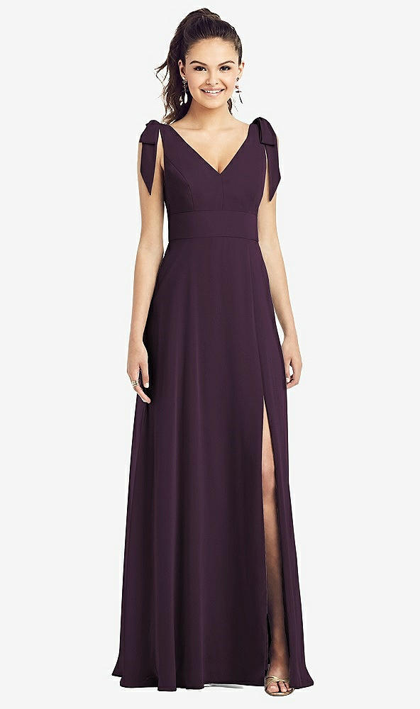 Front View - Aubergine Bow-Shoulder V-Back Chiffon Gown with Front Slit