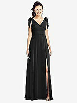 Front View Thumbnail - Black Bow-Shoulder V-Back Chiffon Gown with Front Slit