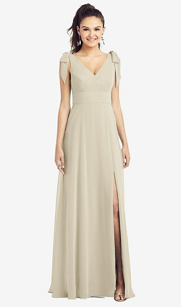 Front View - Champagne Bow-Shoulder V-Back Chiffon Gown with Front Slit