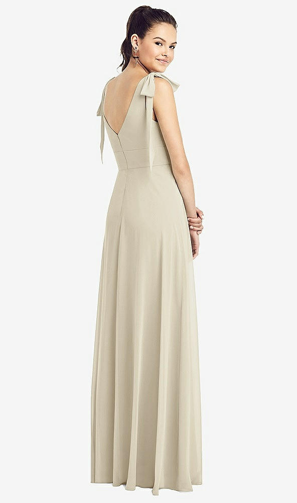 Back View - Champagne Bow-Shoulder V-Back Chiffon Gown with Front Slit
