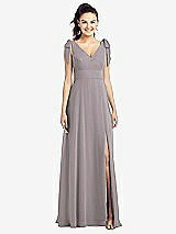 Front View Thumbnail - Cashmere Gray Bow-Shoulder V-Back Chiffon Gown with Front Slit