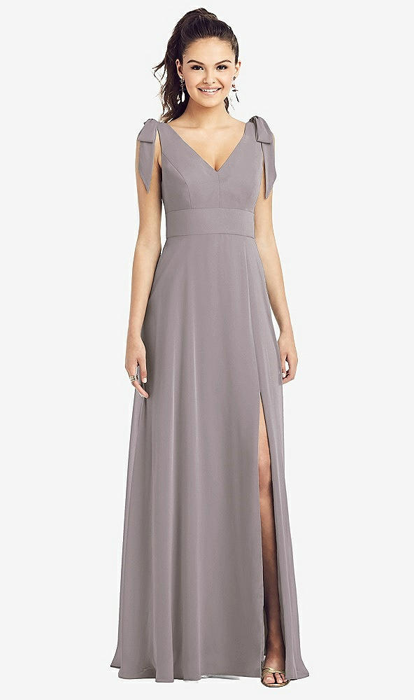 Front View - Cashmere Gray Bow-Shoulder V-Back Chiffon Gown with Front Slit