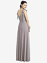 Rear View Thumbnail - Cashmere Gray Bow-Shoulder V-Back Chiffon Gown with Front Slit