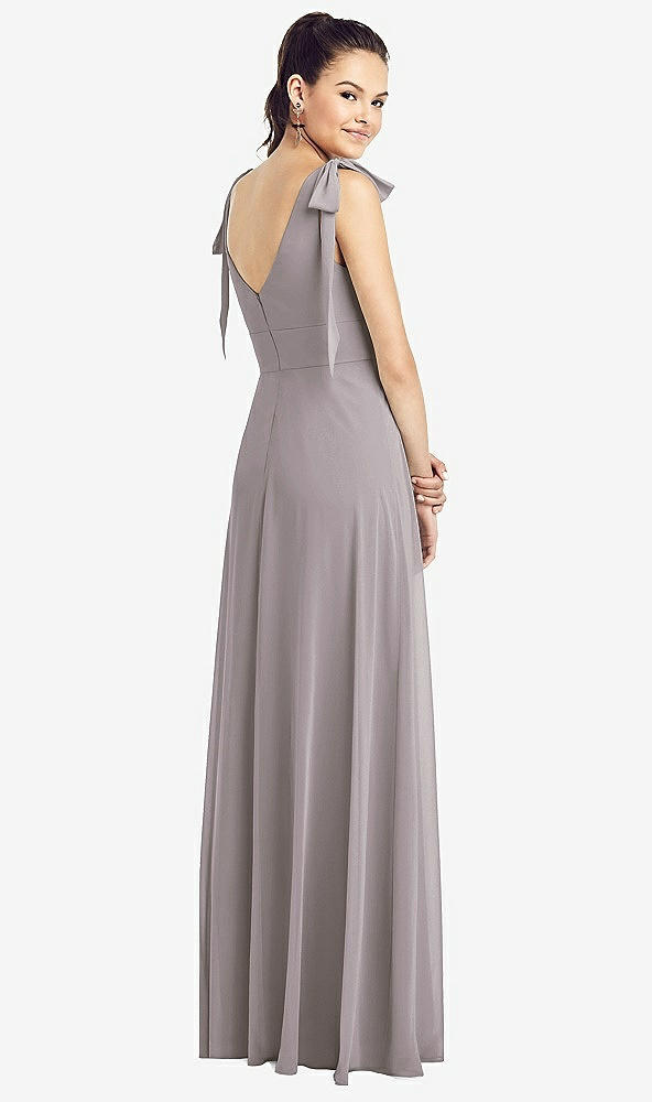Back View - Cashmere Gray Bow-Shoulder V-Back Chiffon Gown with Front Slit