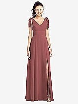 Front View Thumbnail - English Rose Bow-Shoulder V-Back Chiffon Gown with Front Slit