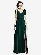 Front View Thumbnail - Evergreen Bow-Shoulder V-Back Chiffon Gown with Front Slit