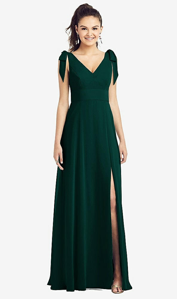 Front View - Evergreen Bow-Shoulder V-Back Chiffon Gown with Front Slit