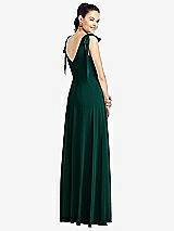 Rear View Thumbnail - Evergreen Bow-Shoulder V-Back Chiffon Gown with Front Slit