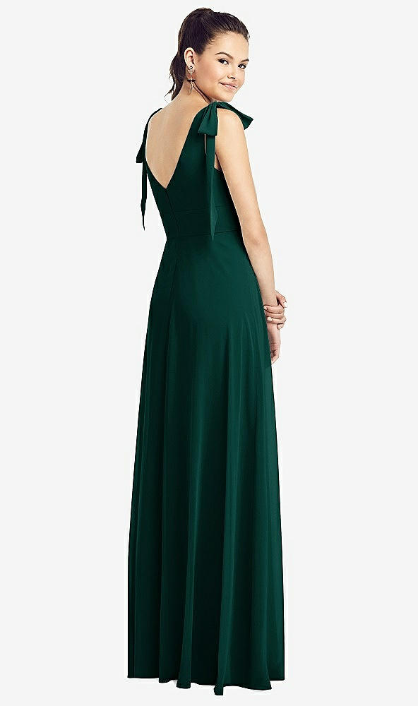 Back View - Evergreen Bow-Shoulder V-Back Chiffon Gown with Front Slit