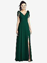 Front View Thumbnail - Hunter Green Bow-Shoulder V-Back Chiffon Gown with Front Slit