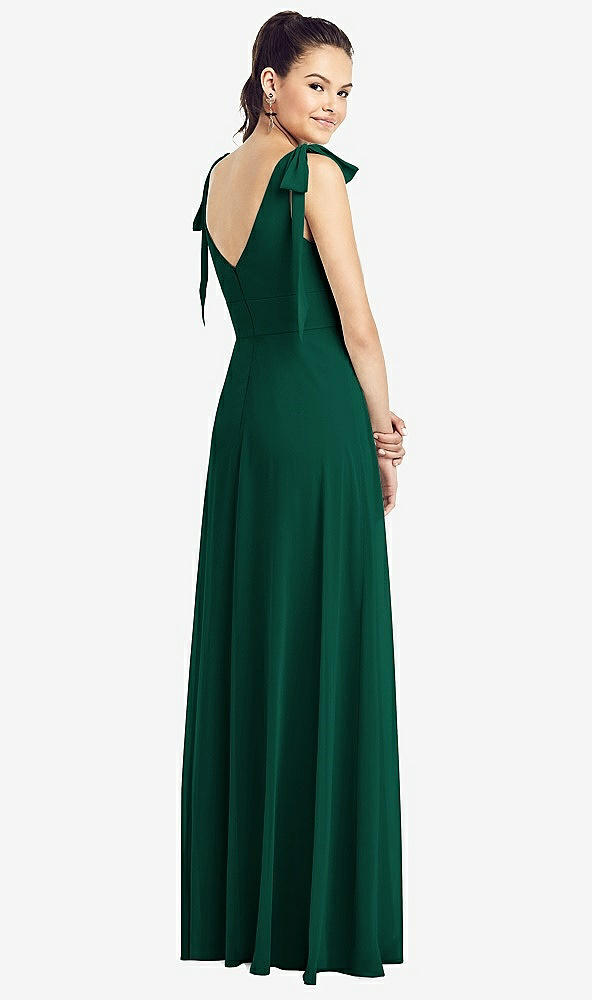 Back View - Hunter Green Bow-Shoulder V-Back Chiffon Gown with Front Slit