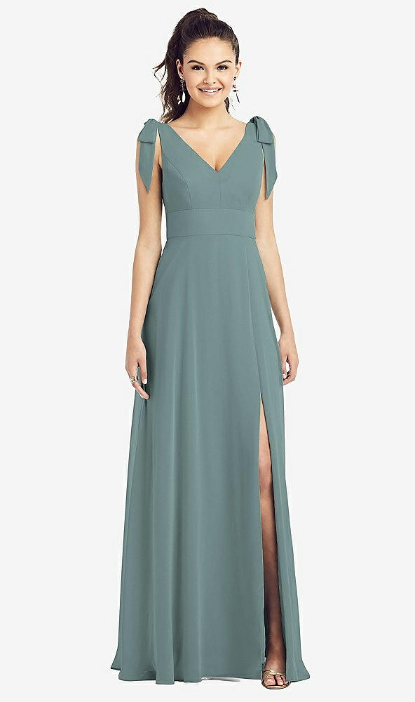 Front View - Icelandic Bow-Shoulder V-Back Chiffon Gown with Front Slit