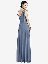 Rear View Thumbnail - Larkspur Blue Bow-Shoulder V-Back Chiffon Gown with Front Slit