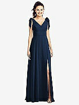 Front View Thumbnail - Midnight Navy Bow-Shoulder V-Back Chiffon Gown with Front Slit