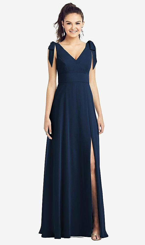 Front View - Midnight Navy Bow-Shoulder V-Back Chiffon Gown with Front Slit