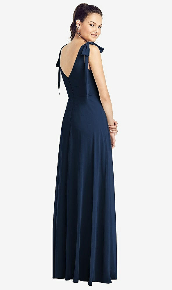 Back View - Midnight Navy Bow-Shoulder V-Back Chiffon Gown with Front Slit