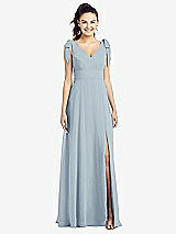 Front View Thumbnail - Mist Bow-Shoulder V-Back Chiffon Gown with Front Slit