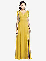 Front View Thumbnail - Marigold Bow-Shoulder V-Back Chiffon Gown with Front Slit