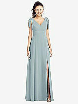Front View Thumbnail - Morning Sky Bow-Shoulder V-Back Chiffon Gown with Front Slit