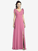 Front View Thumbnail - Orchid Pink Bow-Shoulder V-Back Chiffon Gown with Front Slit