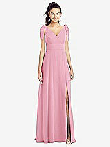 Front View Thumbnail - Peony Pink Bow-Shoulder V-Back Chiffon Gown with Front Slit
