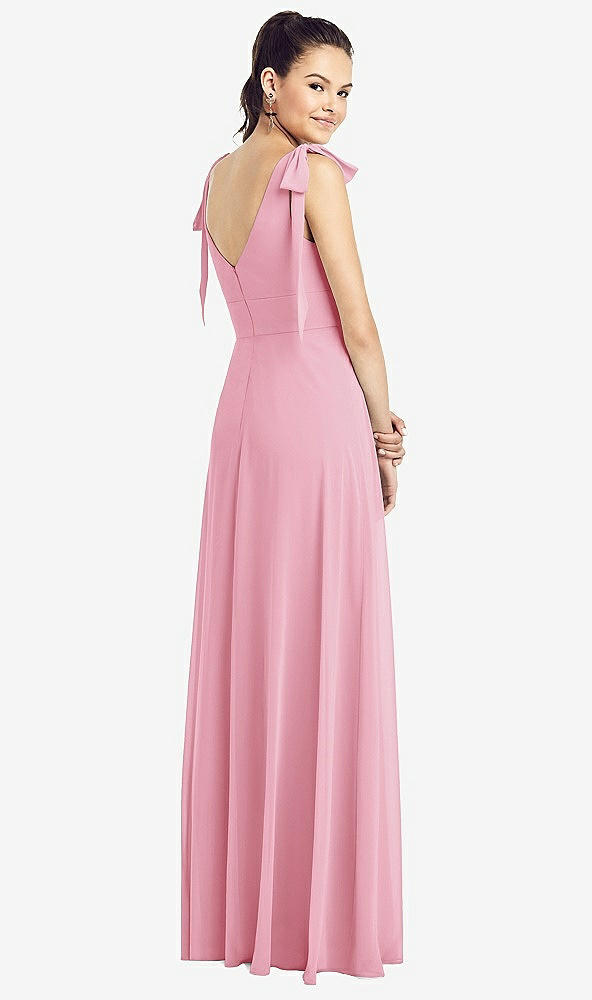 Back View - Peony Pink Bow-Shoulder V-Back Chiffon Gown with Front Slit
