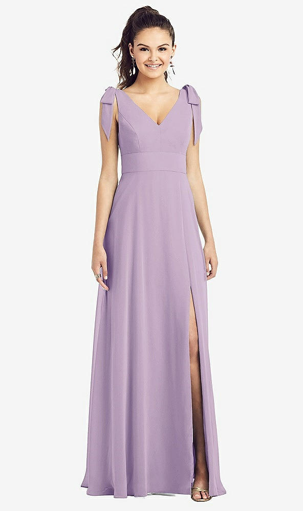 Front View - Pale Purple Bow-Shoulder V-Back Chiffon Gown with Front Slit