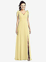 Front View Thumbnail - Pale Yellow Bow-Shoulder V-Back Chiffon Gown with Front Slit