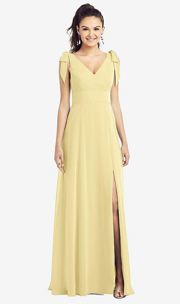 Front View - Pale Yellow Bow-Shoulder V-Back Chiffon Gown with Front Slit