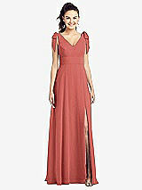 Front View Thumbnail - Coral Pink Bow-Shoulder V-Back Chiffon Gown with Front Slit