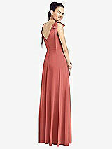 Rear View Thumbnail - Coral Pink Bow-Shoulder V-Back Chiffon Gown with Front Slit