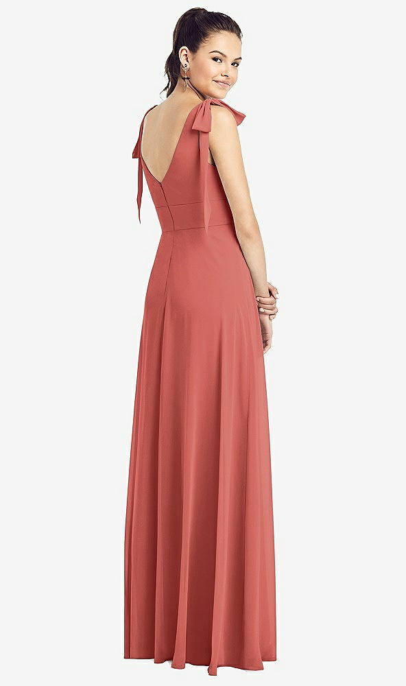 Back View - Coral Pink Bow-Shoulder V-Back Chiffon Gown with Front Slit