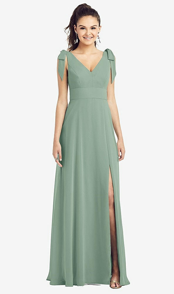 Front View - Seagrass Bow-Shoulder V-Back Chiffon Gown with Front Slit